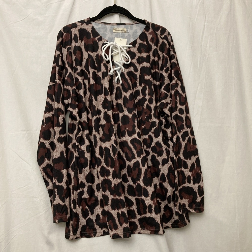 NWT Southern Stitch Women's Brown Leopard Print Long Sleeve Lace Up Top - SZ‎ XL
